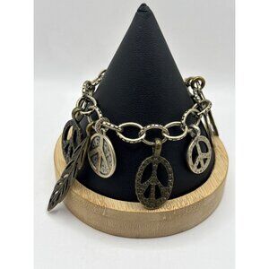 Vintage Boho Silver Peace Sign & Leaf Charm Bracelet Hippie Retro Jewelry